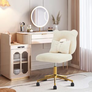 Furnimart Swivel Desk Chair Cute Vanity Chair with Kawaii Backrest & Lumbar Pillow, Armless Comfy Faux Fur Accent Chairs for Bedroom, Makeup Room, Dorm, Teenage Girls (Ivory White)