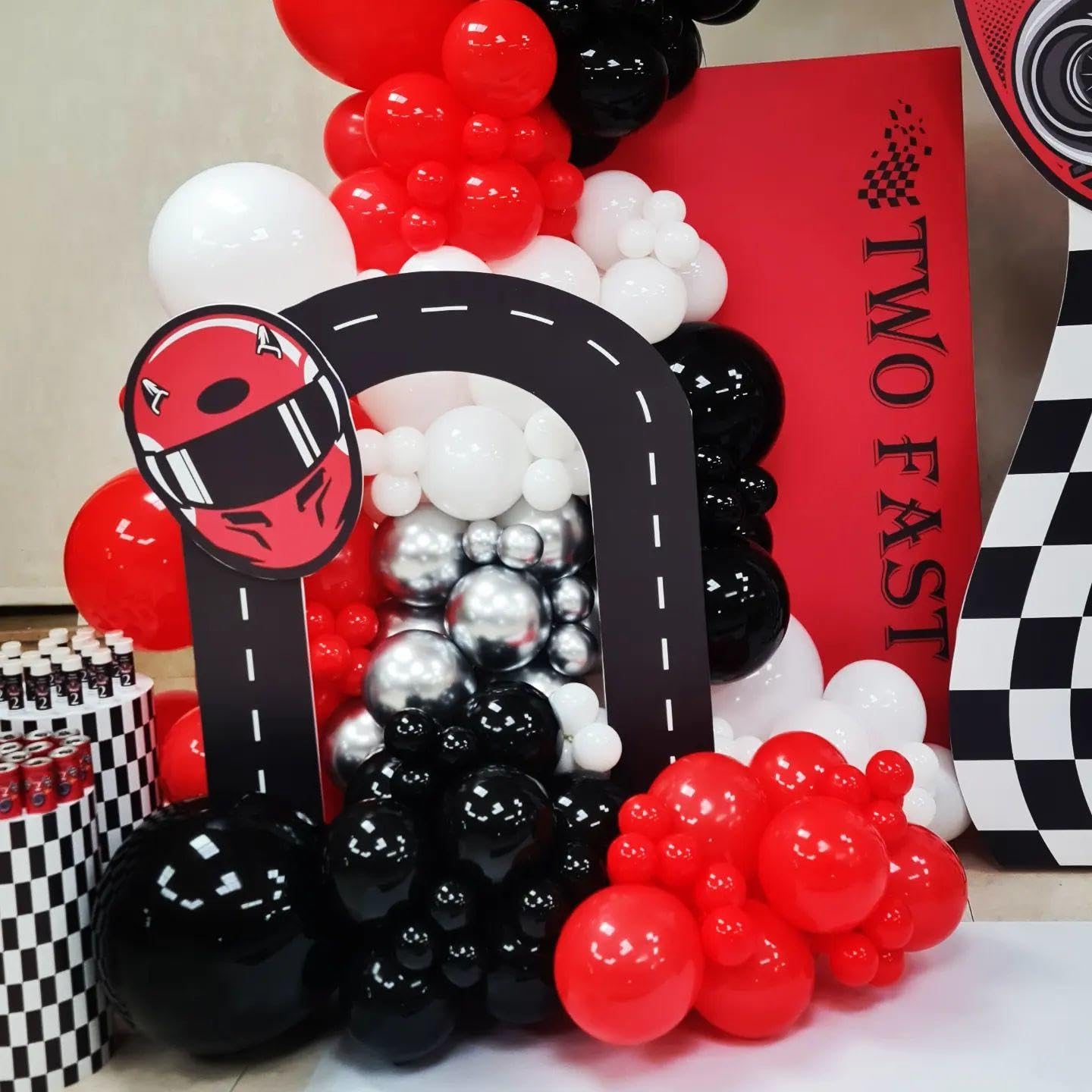 ADOINBY Red Black and White Balloon Arch Kit, 201Pcs Explosion Star Red Black White Silver Latex Balloon Garland kit, Different Size Balloons for Anniversary Birthday Racing Car Poker Party Decoration