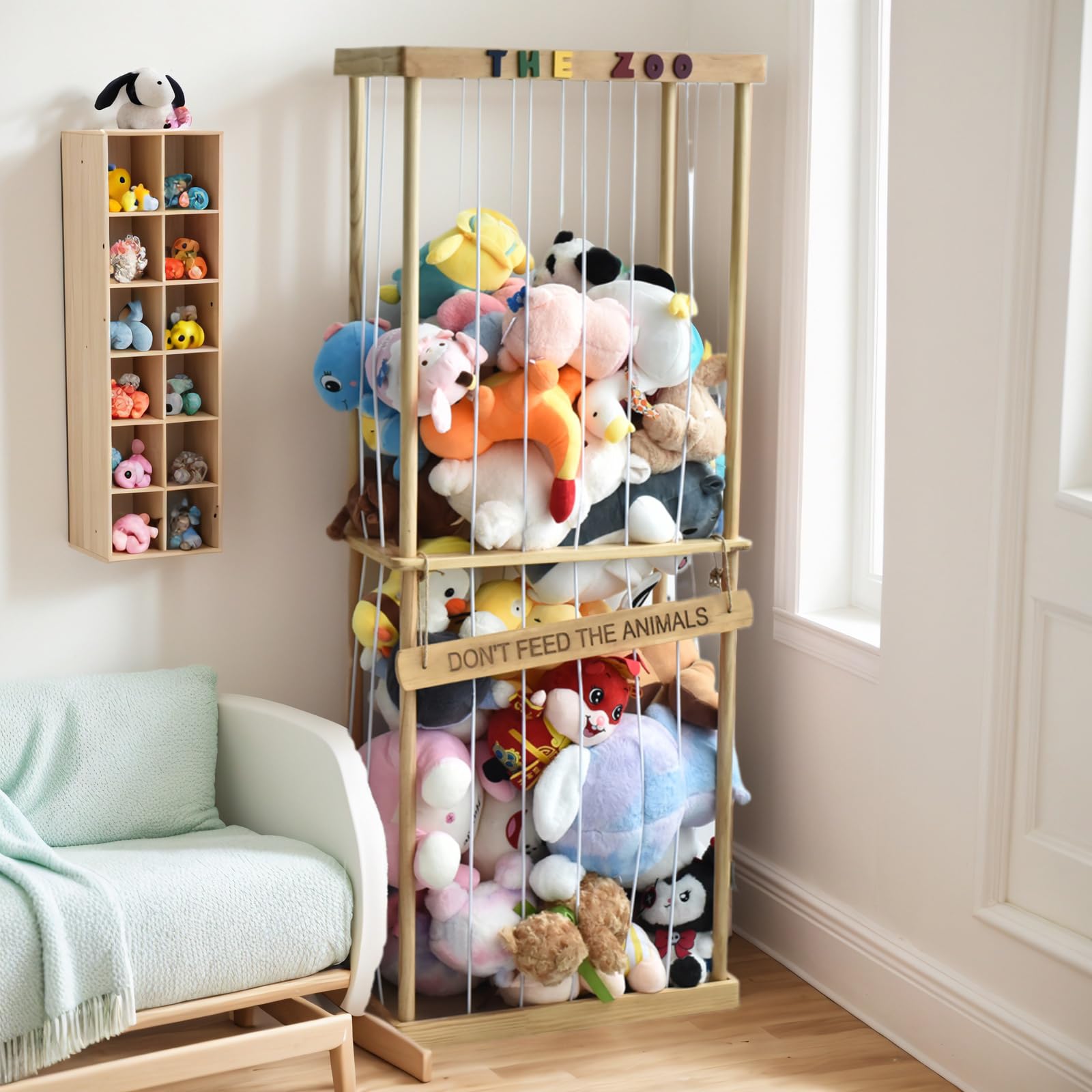 FUIN Stuffed Animal Zoo Storage Cage, Large Wooden Stuffed Animal Jail Organizer, Creative Toy Zoo Storage for Plushies and Squishmallow, Durable Corner Stuffed Animal Tower Holder Display, Natural