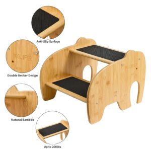 WOOLIFER Step Stools for Kids, Natural Wooden Cute Elephant Shape Non-Slip Stepping Stool, Small Step Stools for Toddlers & Kids Use in Bathroom, Kitchen, Toilet (Dual Height)