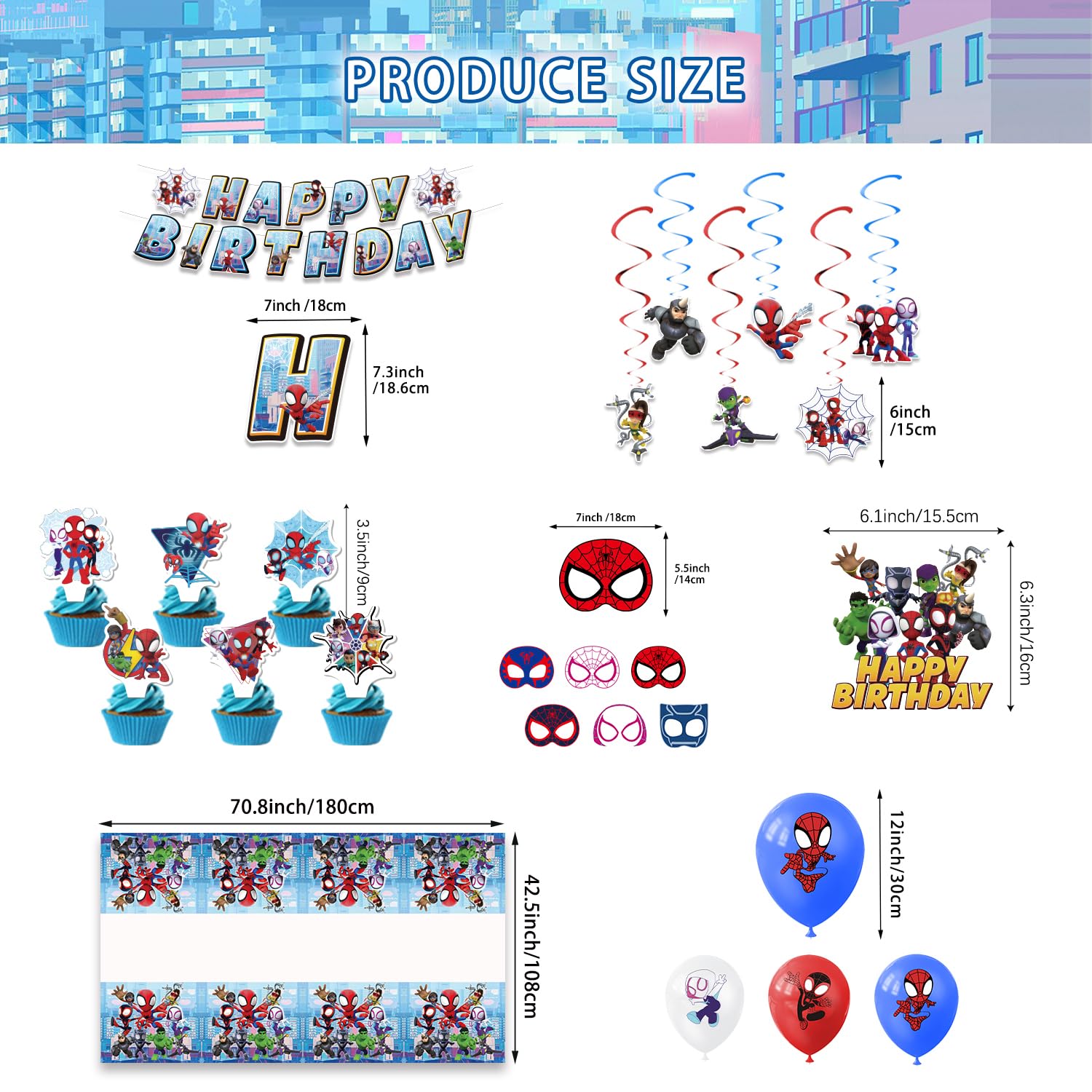 Spidey Party Supplies Set Include Banner, Balloons, Hanging Swirls,Cake Topper, Cupcake Toppers, Masks and Tablecloth For Party