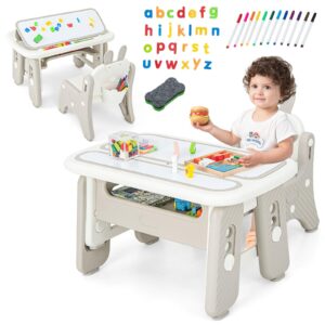 infans kids table and chair set, activity table with magnetic drawing board 4 gears adjustable height bookshelf watercolor pens, toddler plastic furniture table for playing reading eating