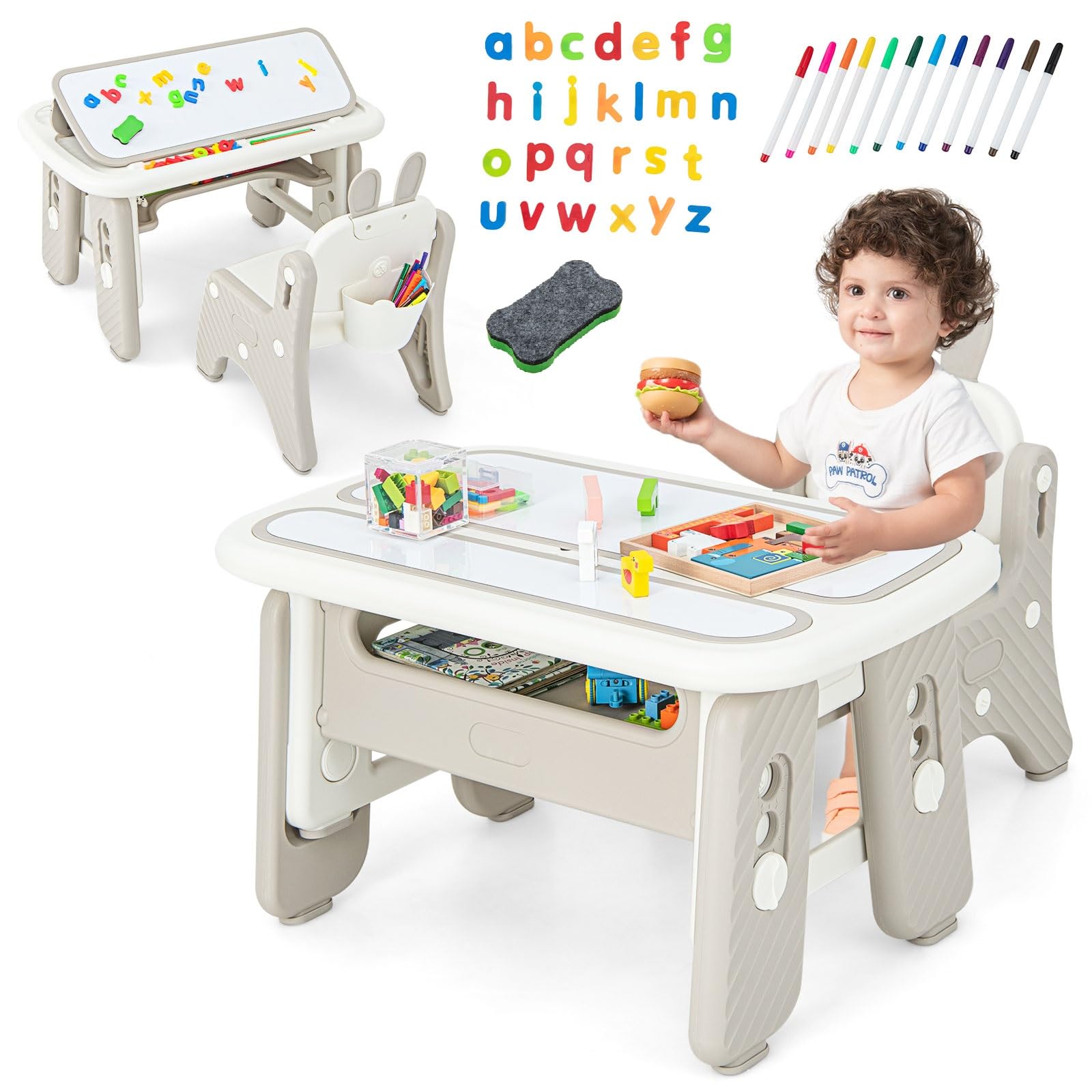 INFANS Kids Table and Chair Set, Activity Table with Magnetic Drawing Board 4 Gears Adjustable Height Bookshelf Watercolor Pens, Toddler Plastic Furniture Table for Playing Reading Eating