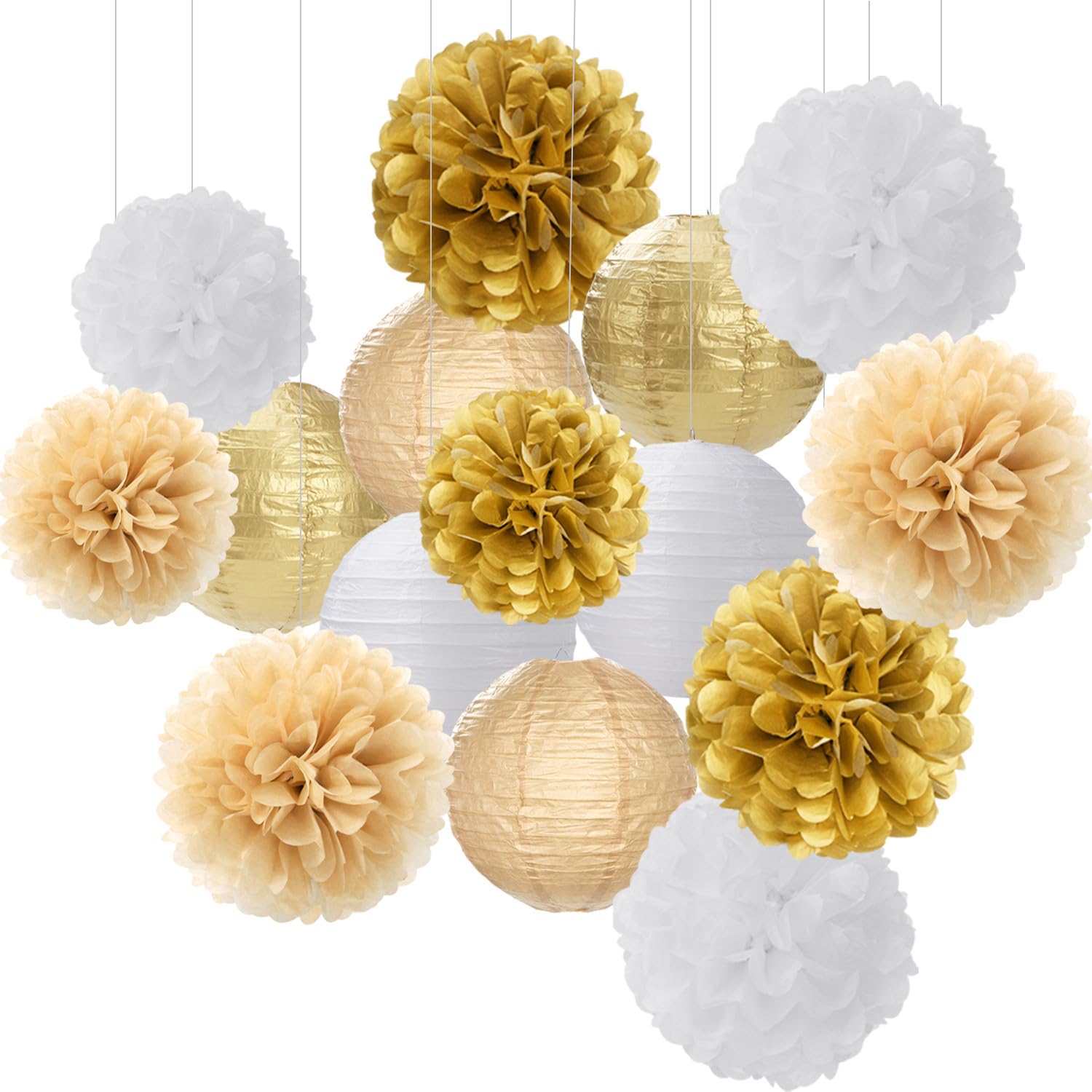 White Gold Party-Decorations Paper Flowers Lanterns - 15PCS Engagement Birthday Graduation Wedding Tissue Pom Poms Streamers,Neutral Bachelorette Baby Bridal Shower Hanging Supplies Decor Hugfond