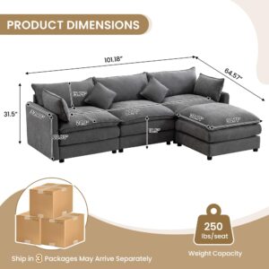 Comfy Cloud Couches for Living Room, 24.8" Extra Deep Modular Sectional Sofa with Ottoman Fluffy Chenille Modern Sofas Upholstered Comfortable L-Shaped Couch for Apartment Lounge Furniture Set (Grey)