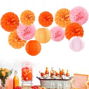 Pink-Orange Groovy Party-Decorations Paper-Flowers Lanterns - 15PCS Baby Shower Tissue Pom Poms Streamers, Fall Wedding Boho Birthday Bridal Bachelorette Sunset Hanging Supplies Decor Hugfond