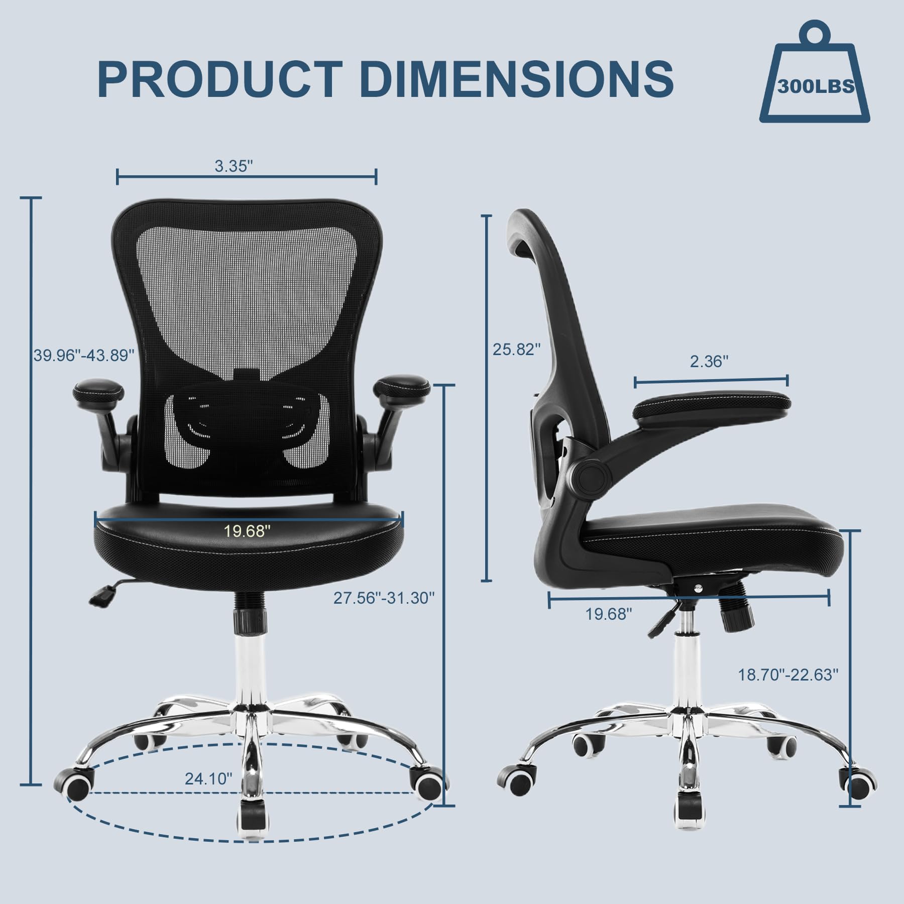 HOMIFYCO Ergonomic Office Chair with Lumbar Support, Adjustable PU Leather Computer Chair, Executive Desk Chair with Flip-up Arms, Breathable Mesh Back, Swivel Rolling Task Chair for Home Office Black