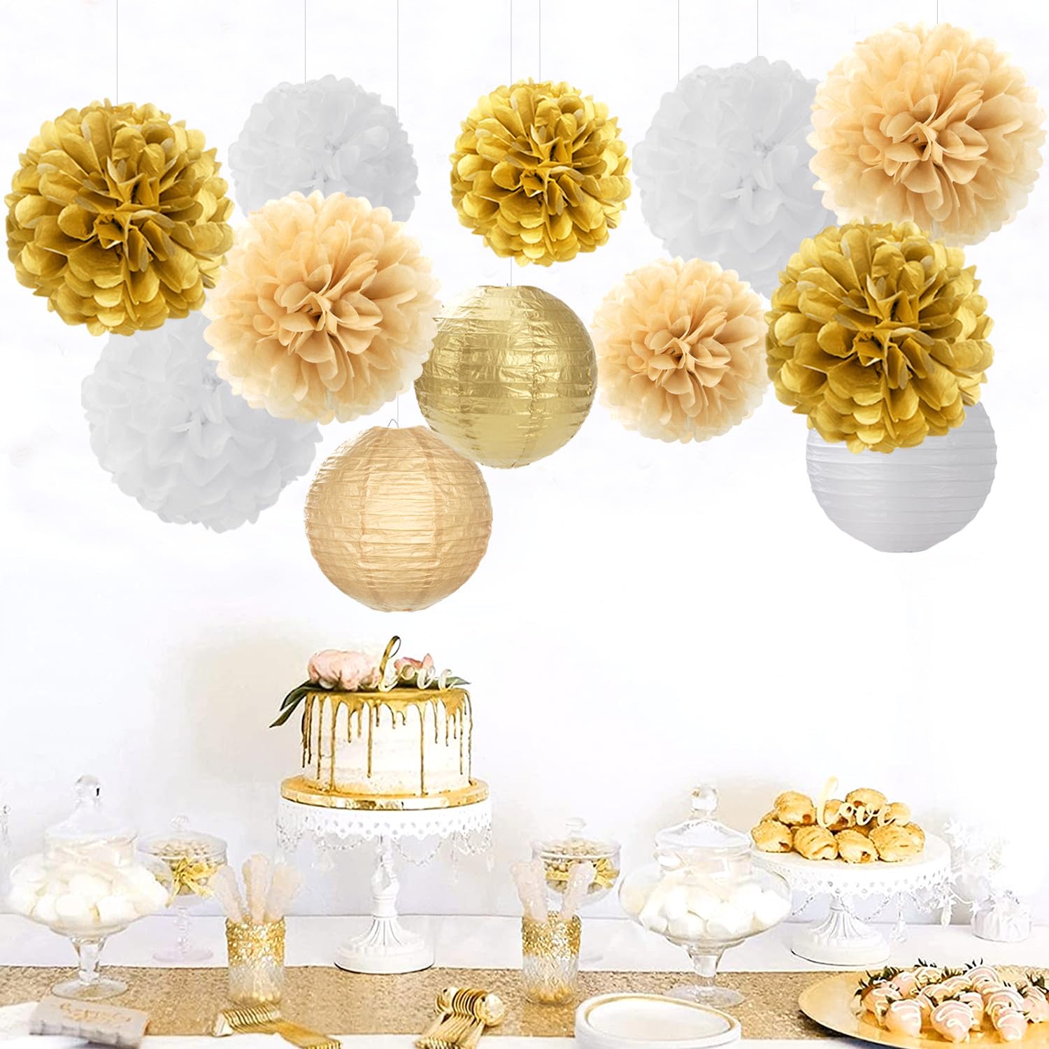 White Gold Party-Decorations Paper Flowers Lanterns - 15PCS Engagement Birthday Graduation Wedding Tissue Pom Poms Streamers,Neutral Bachelorette Baby Bridal Shower Hanging Supplies Decor Hugfond