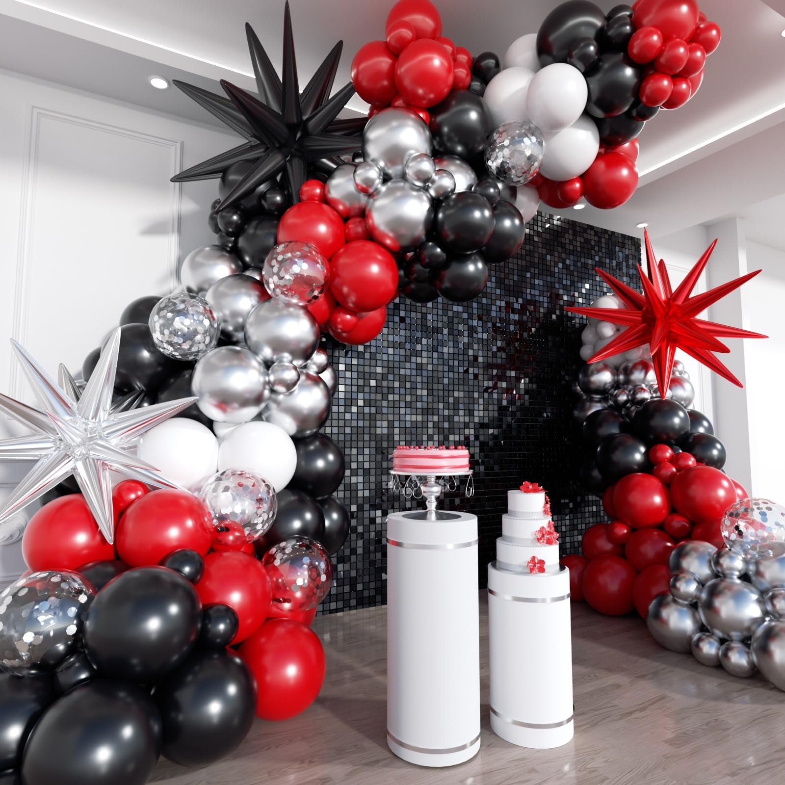 ADOINBY Red Black and White Balloon Arch Kit, 201Pcs Explosion Star Red Black White Silver Latex Balloon Garland kit, Different Size Balloons for Anniversary Birthday Racing Car Poker Party Decoration