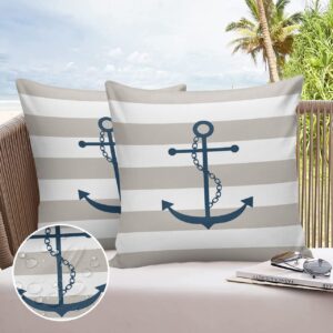 Outdoor Waterproof Pillow Covers for Patio Blue Nautical Anchor Chain Decorative Throw Pillow Cover Beige White Stripes Pillowcases Set of 2 Cushion Case for Sofa Couch Chair Home Decor 20x20 inch