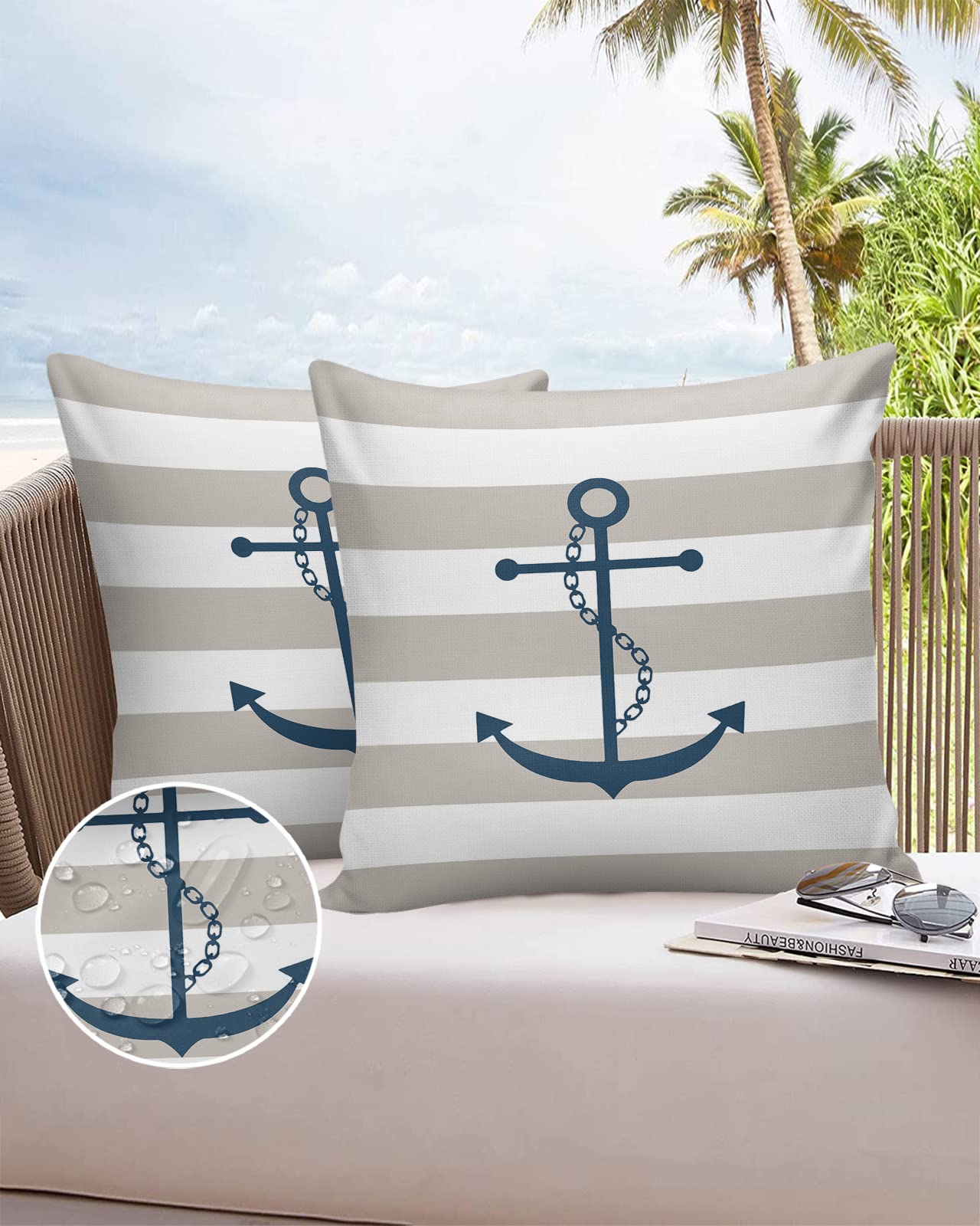 Outdoor Waterproof Pillow Covers for Patio Blue Nautical Anchor Chain Decorative Throw Pillow Cover Beige White Stripes Pillowcases Set of 2 Cushion Case for Sofa Couch Chair Home Decor 20x20 inch