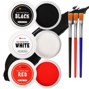 nsxsu halloween makeup kit, white + black + red face paint 165g(5.8oz ), face painting kit for kids and adults, body paint kit with brushes for halloween sfx makeup skull clown art theater