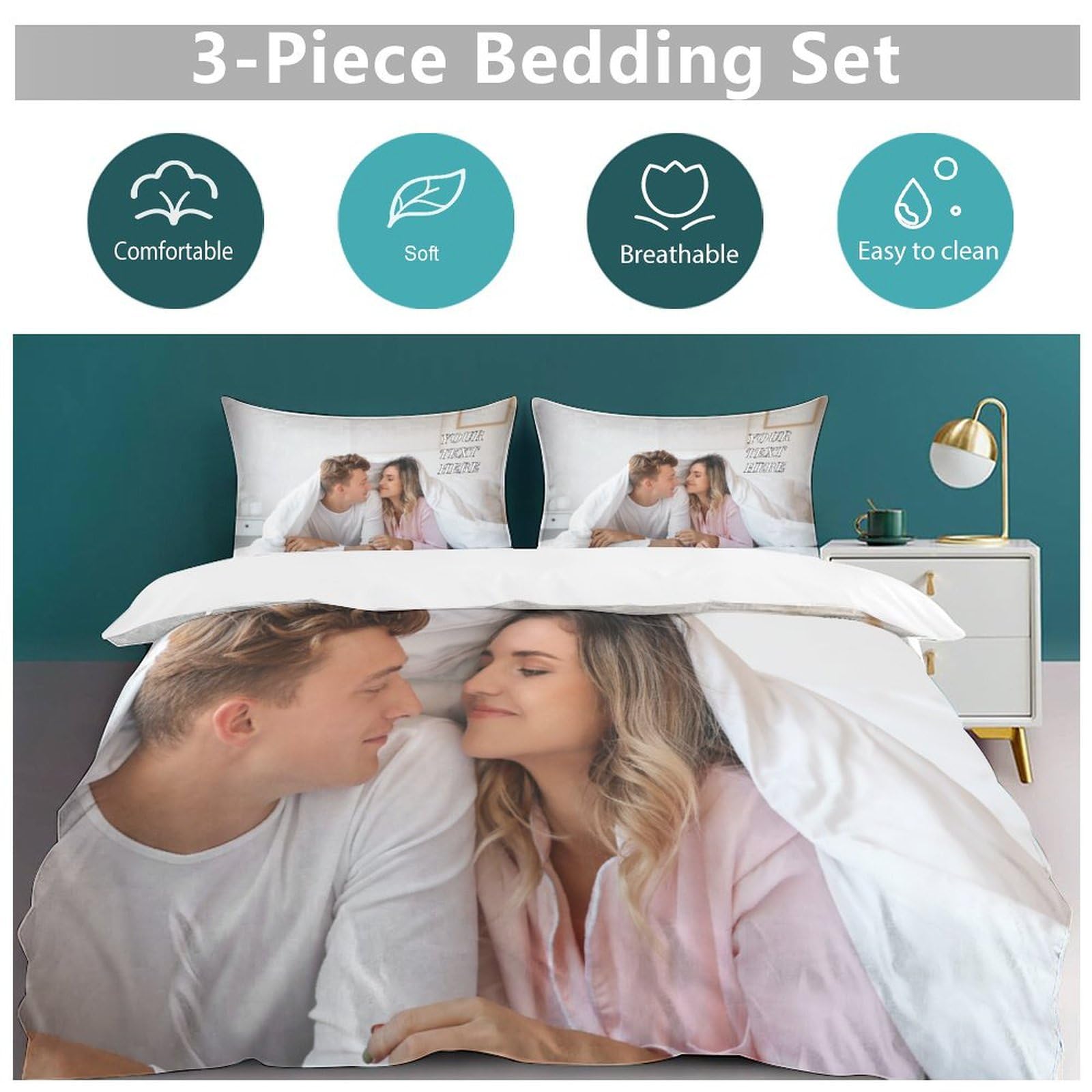 Custom Bedding Set with Photo Text Logo Custom Comforter Set Custom Bedding 3pcs Sets Bedding Cover Set Customized Duvet Cover Set for Family Kids Couples Birthday (1 Comforter and 2 Pillowcases)