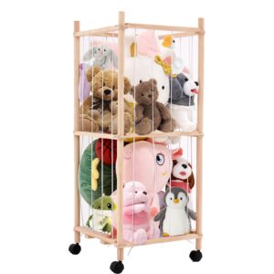 stuffed animal storage, stuffed animal zoo wood storage box with 360° brake wheels, toy organizer plush toy holder nursery room organizer zoo cage for kids playroom, bedroom, nursery