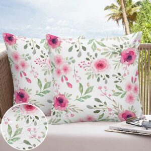 ALAGEO Outdoor Waterproof Pillow Covers for Patio Furniture Pink Flowers Decorative Throw Pillow Cover Spring Style Floral Pillowcases Set of 2 Cushion Case for Sofa Couch Chair Home Decor 18x18 inch