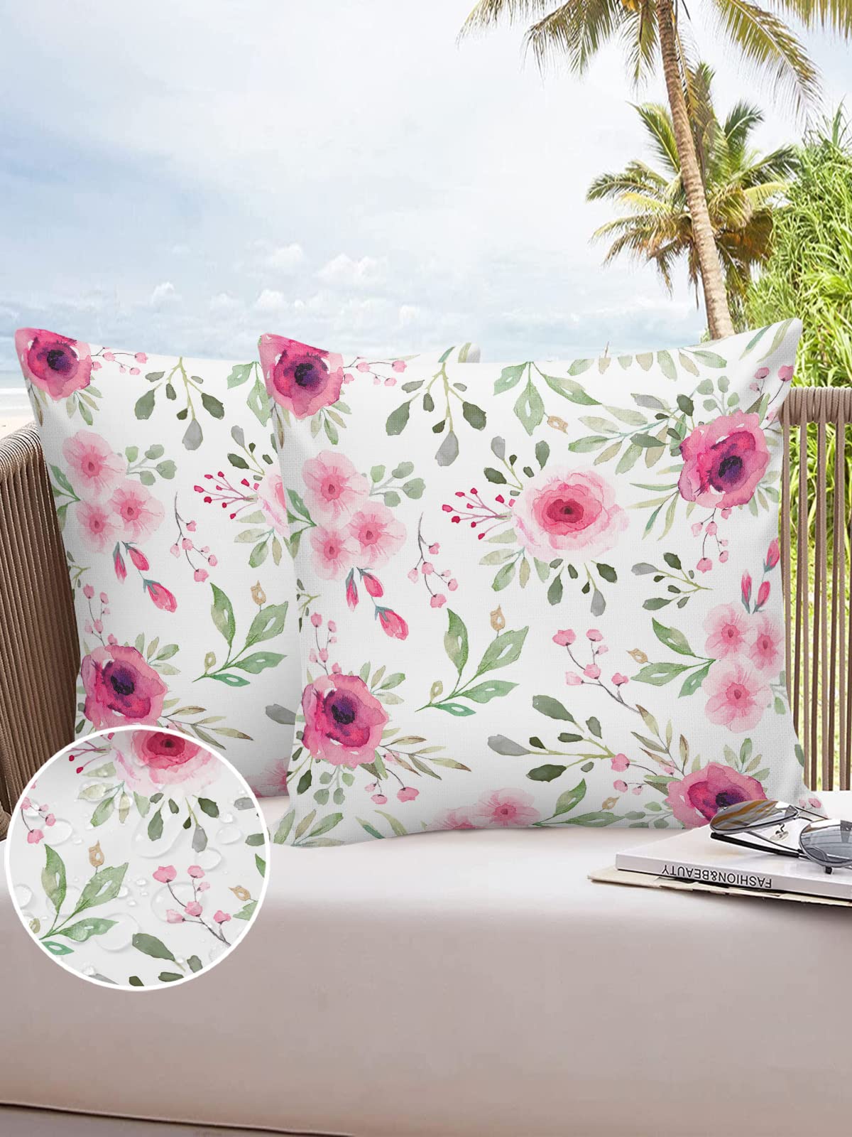 ALAGEO Outdoor Waterproof Pillow Covers for Patio Furniture Pink Flowers Decorative Throw Pillow Cover Spring Style Floral Pillowcases Set of 2 Cushion Case for Sofa Couch Chair Home Decor 18x18 inch