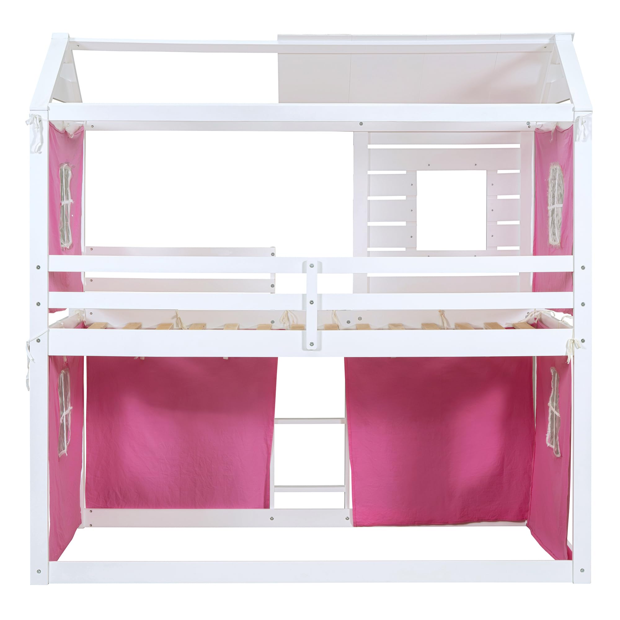 Merax Twin Over Twin Bunk Bed with Tent, Wood Twin Size House Bed Frame, Pink+White