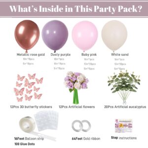 Dusty Lavender Purple Pink Balloon Arch Kit Lilac Sand White Rose Gold Balloons Garland With Artificial Flower and Eucalyptus Leaves Butterfly for Bridal Baby Shower Wedding Birthday Party Decorations