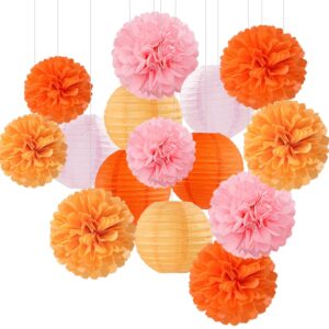 pink-orange groovy party-decorations paper-flowers lanterns - 15pcs baby shower tissue pom poms streamers, fall wedding boho birthday bridal bachelorette sunset hanging supplies decor hugfond