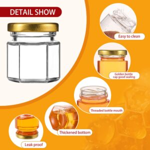 GIVAMEIHF 60Pcs Mini Glass Honey Jars,1.5oz Hexagon Small Honey Jars with Wooden Dippers,Gold Bags,Bee Charms,Thank You Cards,Rope,Stickers,Mini Honey Jars Party Favors for Baby Shower Wedding