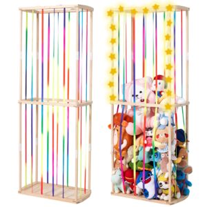 hahasole stuffed animal toy storage organizer, 59" tall wooden large stuffed animal holder with rainbow elastic rope and star string lights, zoo cage for nursery, play room, bedroom…