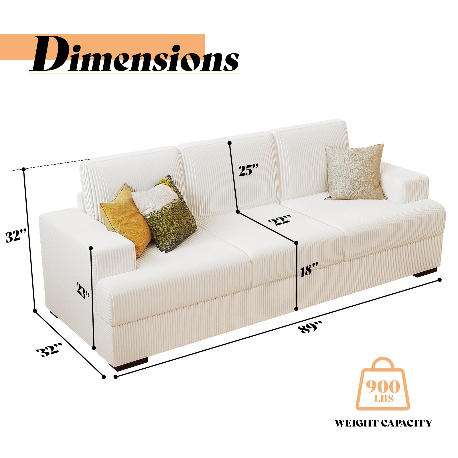 AMERLIFE 89in Couch, Comfy Sofa with Wood Legs, 3 Seater Modern Sofa- Deep Seat Couches for Living Room (Corduroy, White)