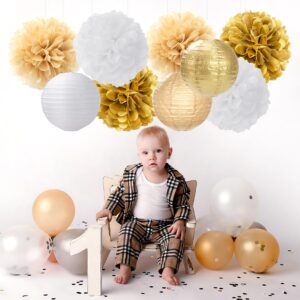 White Gold Party-Decorations Paper Flowers Lanterns - 15PCS Engagement Birthday Graduation Wedding Tissue Pom Poms Streamers,Neutral Bachelorette Baby Bridal Shower Hanging Supplies Decor Hugfond