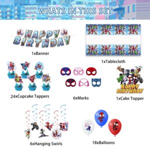 Spidey Party Supplies Set Include Banner, Balloons, Hanging Swirls,Cake Topper, Cupcake Toppers, Masks and Tablecloth For Party