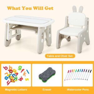 INFANS Kids Table and Chair Set, Activity Table with Magnetic Drawing Board 4 Gears Adjustable Height Bookshelf Watercolor Pens, Toddler Plastic Furniture Table for Playing Reading Eating