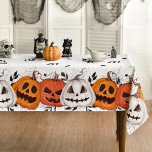 horaldaily halloween tablecloth 60×84 inch rectangular, white orange jack-o-lantern pumpkin cobweb washable table cover for party picnic dinner decor