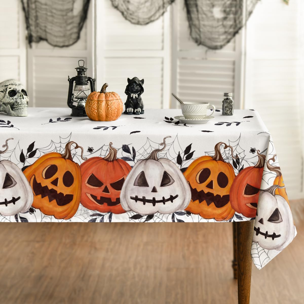 Horaldaily Halloween Tablecloth 60×84 Inch Rectangular, White Orange Jack-O-Lantern Pumpkin Cobweb Washable Table Cover for Party Picnic Dinner Decor