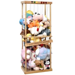 fuin stuffed animal zoo storage cage, large wooden stuffed animal jail organizer, creative toy zoo storage for plushies and squishmallow, durable corner stuffed animal tower holder display, natural