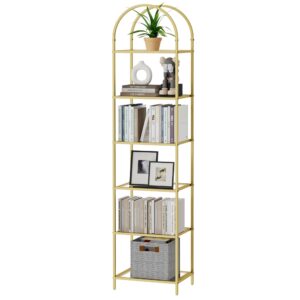 Homhedy 6-Tier Bookshelf Arched Display Racks, Metal Bookcase, Tempered Glass Shelves, Slim Storage Rack Shelf for Home Office, Living Room, Bedroom, Bathroom, Modern Style, Golden