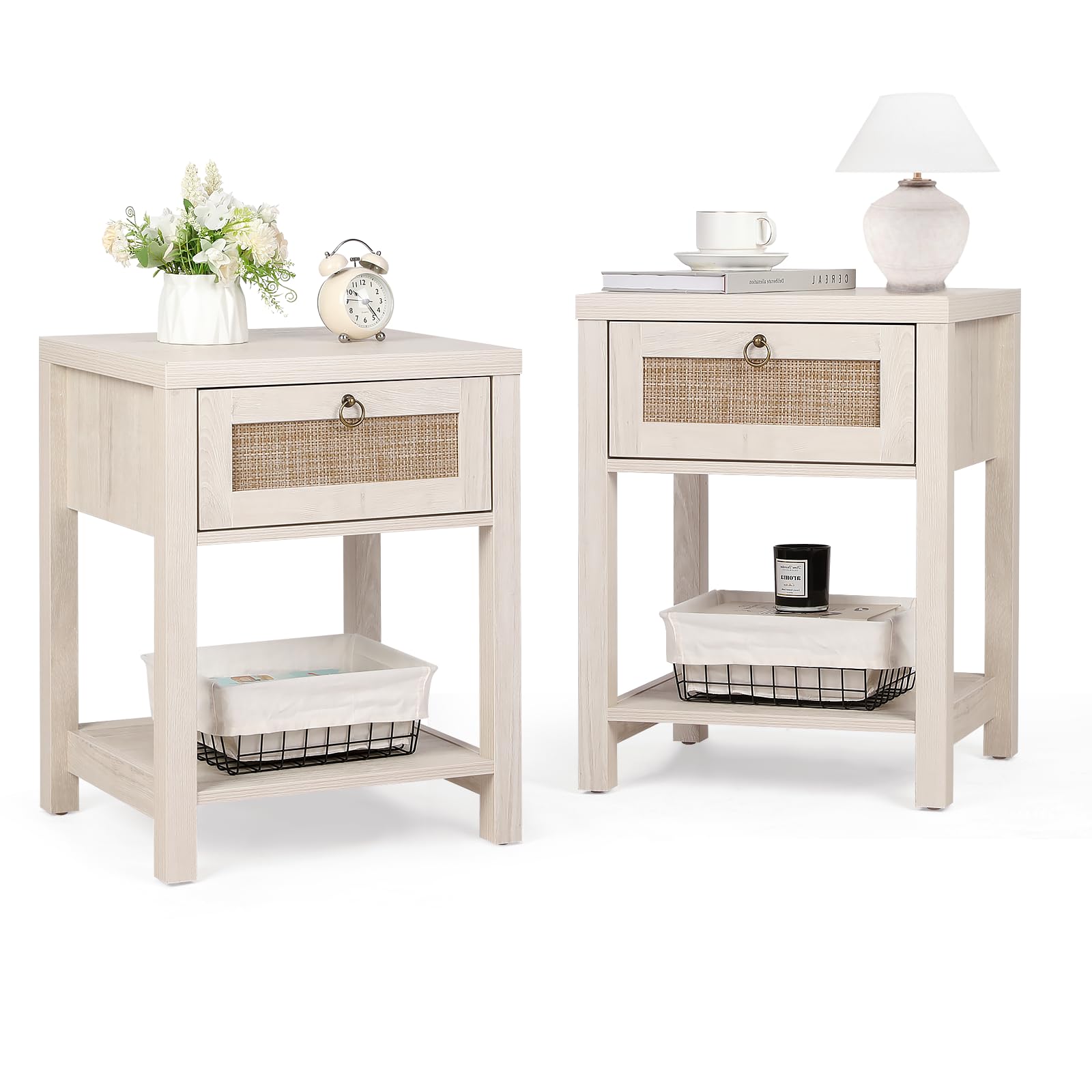 VOWNER 2 PCS White Rattan Nightstand Set of 2, Wood Night Stand with Vintage Metal Pull Handle, Bedside Table Boho End Tables Side Tables with Storage Shelf, for Bedroom