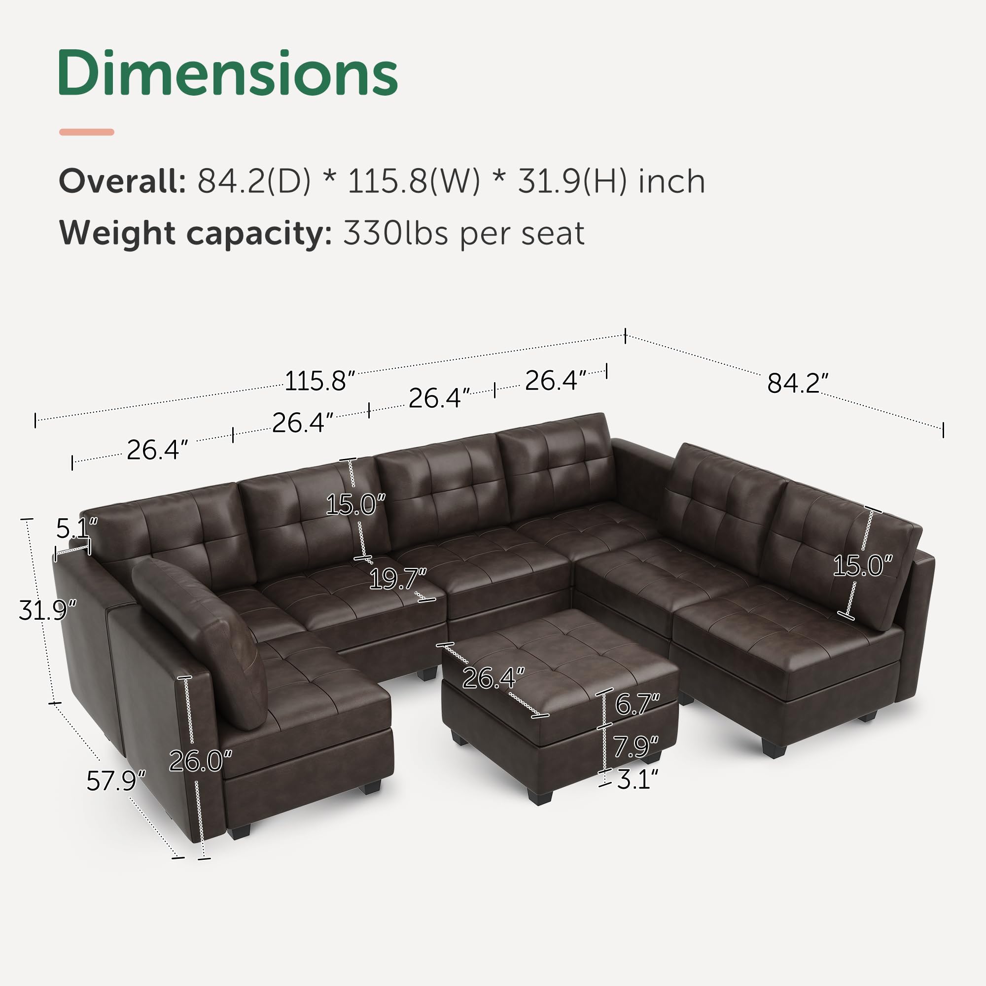 HONBAY Modular Sectional Couch with Storage, U Shaped Couch with Ottomans and Chaises Faux Leather 8-Seater Sectional Sofa for Living Room, Brown