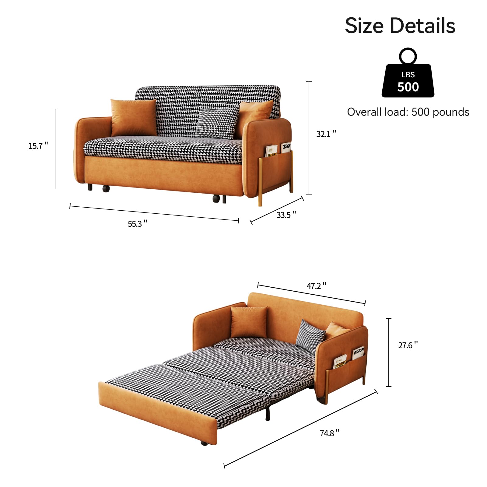 siu want 3 in 1 Sleeper Sofa Couch Bed, Convertible Pull Out Couch with Storage, Orange Folding Loveseat with 3 Pillows, Side Pockets, Velvet Sofa Bed for Living Room - 55.3In