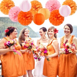 Pink-Orange Groovy Party-Decorations Paper-Flowers Lanterns - 15PCS Baby Shower Tissue Pom Poms Streamers, Fall Wedding Boho Birthday Bridal Bachelorette Sunset Hanging Supplies Decor Hugfond