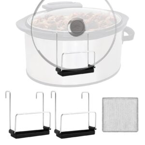 2pcs Slow Cooker Lid Holder and 1pc Wire Dishwashing Rag, Pot Lid Holder fits Most Slow Cooker, Stainless Steel Pot Lid Rack with Silicone Sink Keeps Countertops Clean(Silver,SIZE:4.56x1.2x3.9inch)