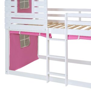 Merax Twin Over Twin Bunk Bed with Tent, Wood Twin Size House Bed Frame, Pink+White