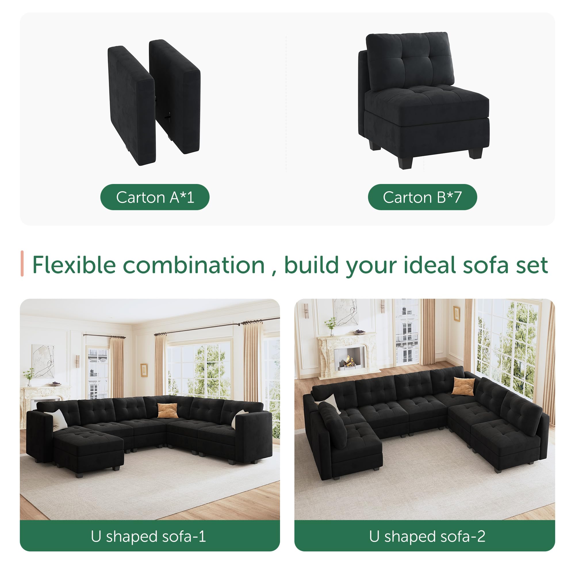 HONBAY Modular Sectional Sofa Oversized U Shaped Couch with Storage Seat Velvet 7-Seat Modular Sofa with Reversible Chaises,Velvet Black