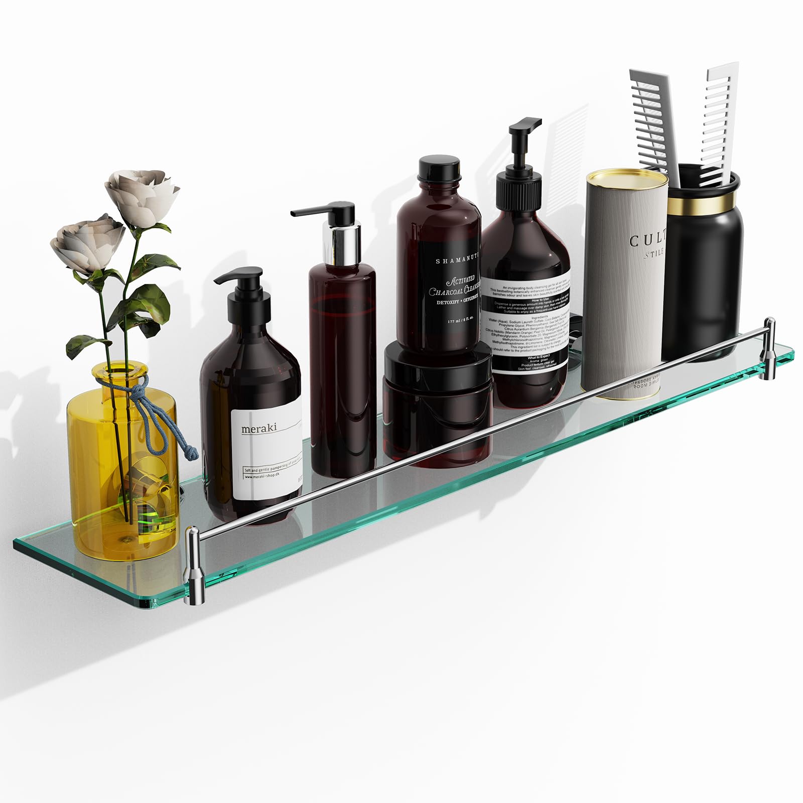 KOCOK Glass Bathroom Shelves,24-Inch Floating Glass Shelves for Wall Rectangular Modern Glass Shelf for Bathroom Stainless Steel Tempered Glass Wall Mount Accessories