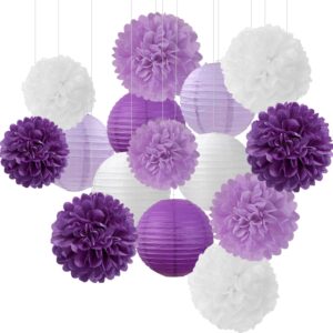 purple-white lavender party decorations paper flowers lanterns - 15pcs birthday graduation tissue pom poms streamers, baby bridal shower wedding retirement bachelorette hanging supplies decor hugfond