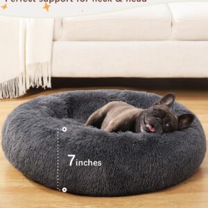 KSIIA Calming Dog Bed Anti-Anxiety Round Donut Dog Beds for Small Dogs Cat Beds for Indoor Cats Fluffy Comfort Small Dog Bed with Ultra-Soft Plush Washable Dog Bed with Non-Skid Bottom, 23", Gray