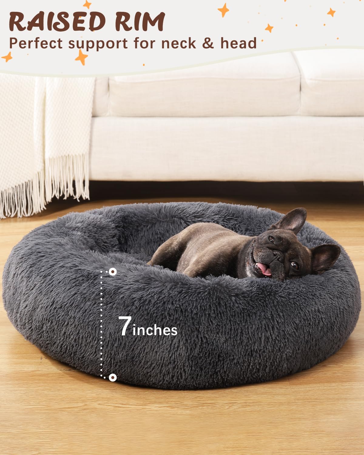 KSIIA Calming Dog Bed Anti-Anxiety Round Donut Dog Beds for Small Dogs Cat Beds for Indoor Cats Fluffy Comfort Small Dog Bed with Ultra-Soft Plush Washable Dog Bed with Non-Skid Bottom, 23", Gray