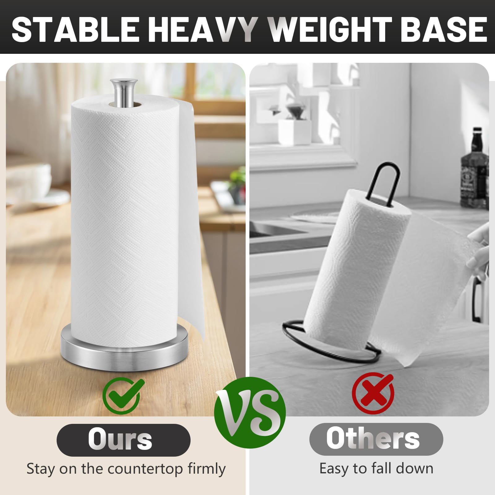 Paper Towel Holder, Paper Towel Holder Countertop with Heavy Weight Base, Non - Slip & Space Saving Paper Towels Holder, Anti Scratch Bathroom Paper Towel Holder with Smooth Surface - Silver