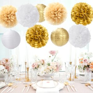 White Gold Party-Decorations Paper Flowers Lanterns - 15PCS Engagement Birthday Graduation Wedding Tissue Pom Poms Streamers,Neutral Bachelorette Baby Bridal Shower Hanging Supplies Decor Hugfond