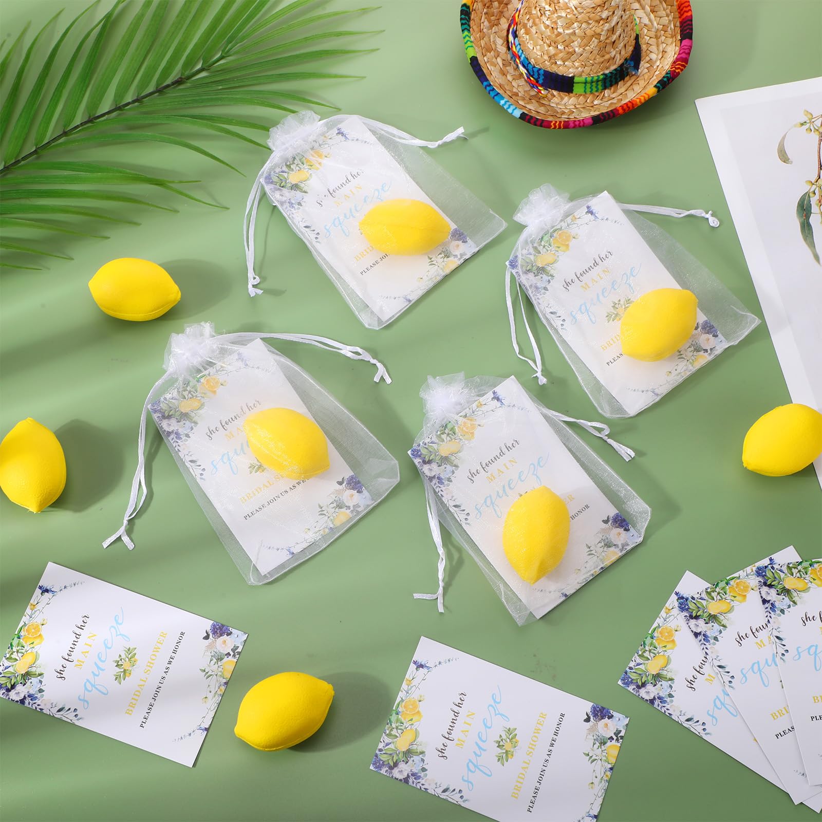 Foilswirl 48 Sets Lemon Themed Bridal Shower Party Gifts Lemon Foam Squeeze Stress Relief Balls with Cards and Organza Drawstring Bag Her Main Squeeze Wedding Game Prizes Gifts