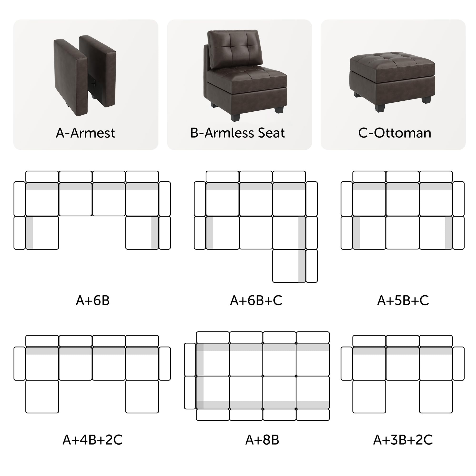 HONBAY Modular Sectional Couch with Storage, U Shaped Couch with Ottomans and Chaises Faux Leather 8-Seater Sectional Sofa for Living Room, Brown