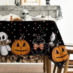 Horaldaily Halloween Tablecloth 60×84 Inch Rectangular, Jack-O-Lantern Ghost Cat Dots Washable Table Cover for Party Picnic Dinner Decor