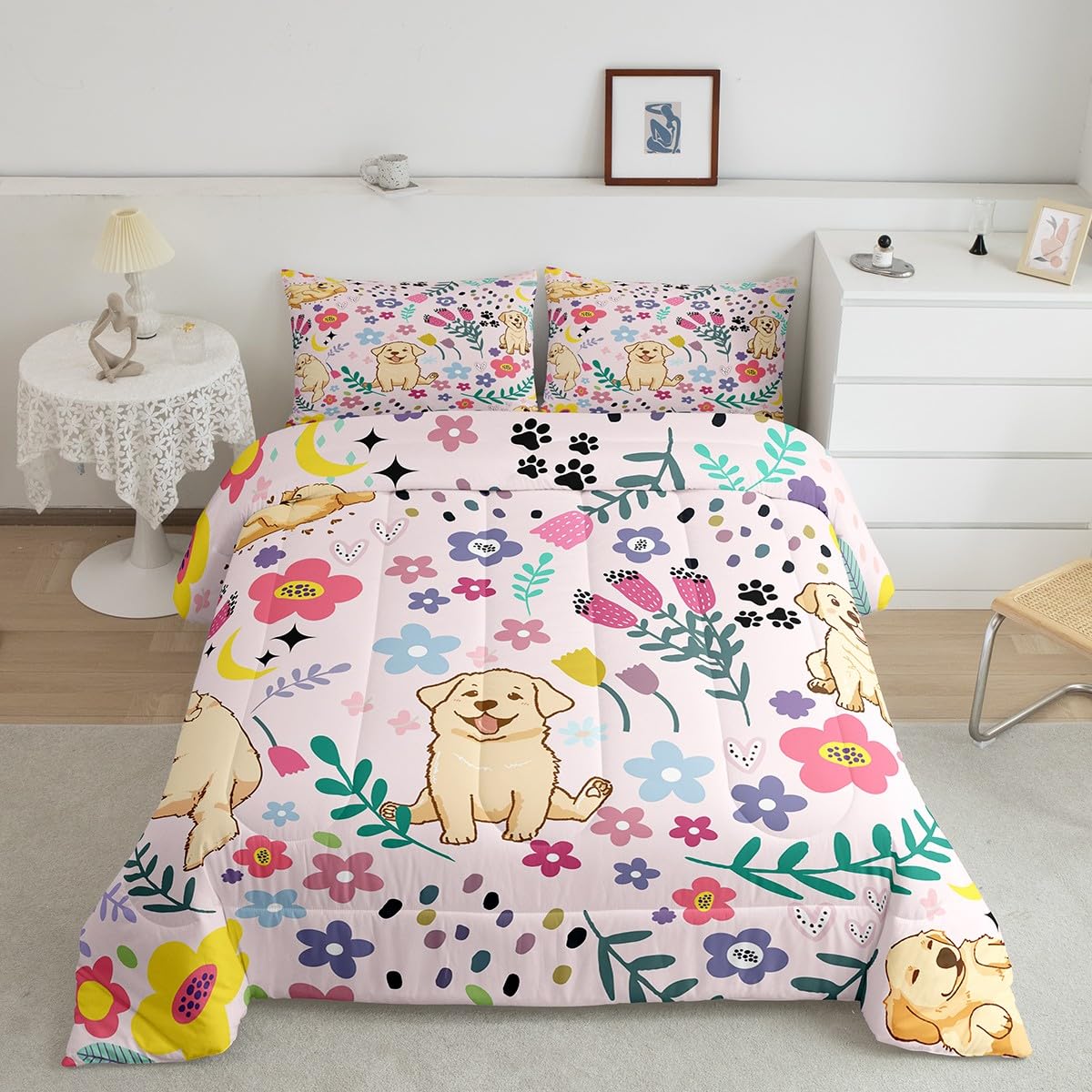 Erosebridal Floral Dog Comforter for Boys Girls Twin Pink Dog Bedding Set Cartoon Animal Comforter Sets,Cute Botanical Golden Retriever Puppy Bed Sets with 1 Pillowcase Soft